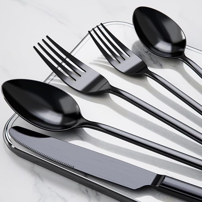 KINGSTONE Black Silverware Set, 20-Piece Flatware Set for 4, 18/10 Stainless Steel Cutlery for Home Kitchen and Restaurant