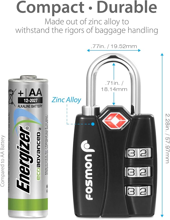 Fosmon TSA Approved Locks for Luggage. Suitcase Locks with Open Alert Indicator, 3 Digit Combination Padlock with Alloy Body for Travel, Backpack Zipper Anti Theft, Locker, Gym, Gun Case, Tent- 3 Pack