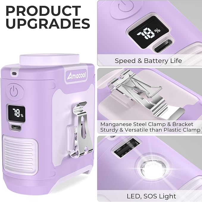 AMACOOL Portable Waist Fan Clip On, MAX 40H Work Time, 10000mAh Rechargeable Wearable Shirt Fan with Light, 16000RPM Powerful 5 Speed Belt Fans Personal Cooling Fans for Outdoor Jobsite Travel