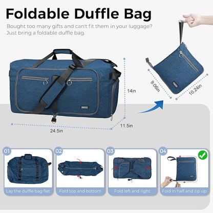 Fmeida 65L Duffle Bag with Shoes Compartment, Foldable Travel Duffel Bags for Men Women, Large Packable Travel Bag Water Repellent & Tear Resistant (Blue)