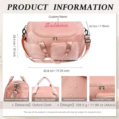 Personalized Duffel Bag Custom Sport Gym Travel Bags Embroidered Name Text Customized Dry Wet Separated Weekend Waterproof Bag for Women Men (B-pink)
