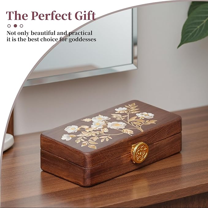 Travel Jewelry Case Small Wood Jewelry Organizer Jewelry Box for Women (Nut-Brown Print)