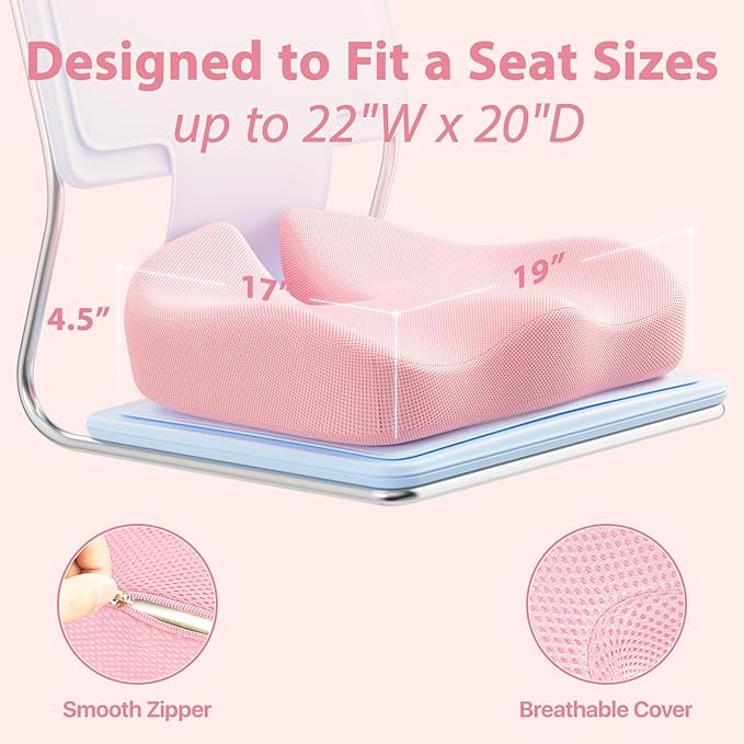 Seat Cushion, Extra Large Memory Foam Cushion for Office Chair Cushions, Ergonomic Cushions Pad Pillow for Pressure Relief Sciatica & Pain Relief for Long Sitting, Pink