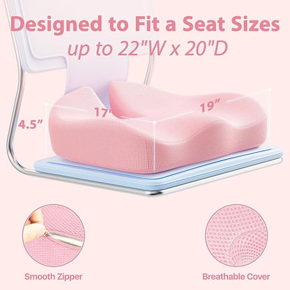 Seat Cushion, Extra Large Memory Foam Cushion for Office Chair Cushions, Ergonomic Cushions Pad Pillow for Pressure Relief Sciatica & Pain Relief for Long Sitting, Pink