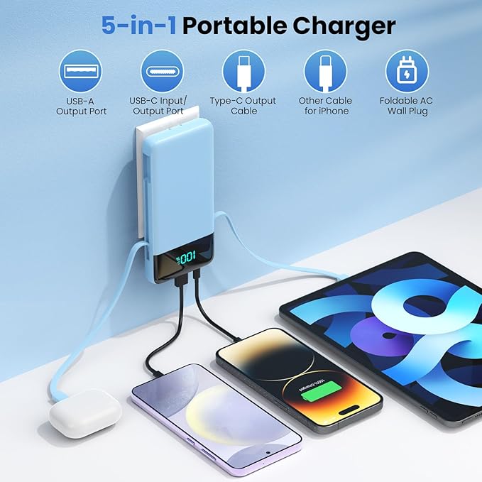Portable Charger for iPhone with Built in Cables and Wall Plug,Upgraded 13800mAh Fast Charging USB C Power Bank,4 Outputs Travel Essential Battery Pack Compatible with iPhone 17/16/15/14,-Light Blue