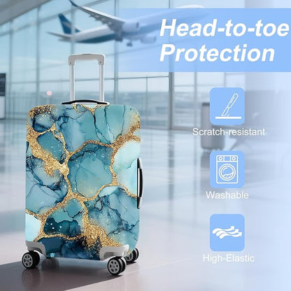 FOREVER QUEEN Luxury Light Blue Gold Marble Luggage Cover Suitcase Protector Suitcase Cover Anti-Scratch,Stretchable Bag Cover Washable Durable Polyester