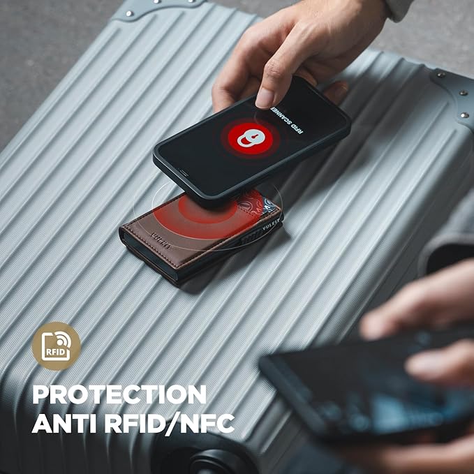 VULKIT Men's Wallet with ID Window Premium Leather Wallets RFID Blocking Minimalist Wallet Pop Up Card Holder Magnetic Closure