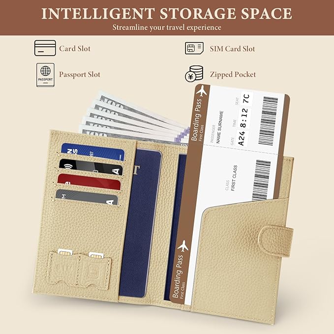 Genuine Leather Passport Holder for Women Men, Hidden Airtag Pocket, RFID Blocking, Zippered Coins Pocket & Cash Compartment Travel Gifts Essentials Passport Cover Case - Warm Grey