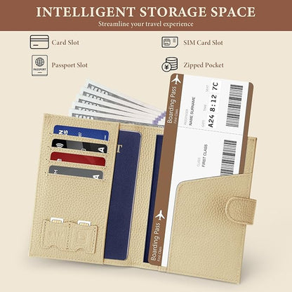 Genuine Leather Passport Holder for Women Men, Hidden Airtag Pocket, RFID Blocking, Zippered Coins Pocket & Cash Compartment Travel Gifts Essentials Passport Cover Case - Warm Grey