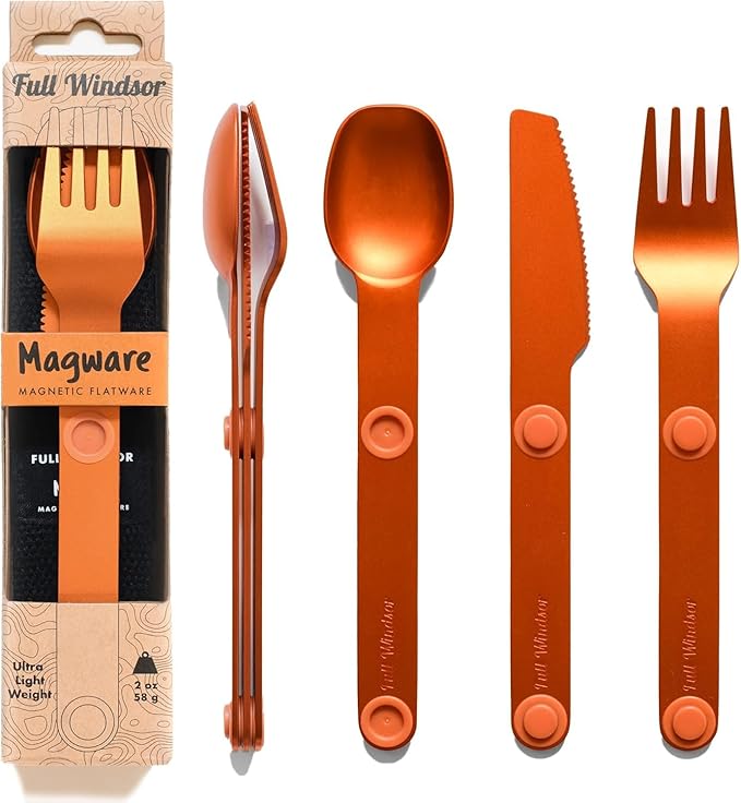 FULL WINDSOR - MAGWARE Magnetic Camping Cutlery Set - Travel Utensils for Camping, Cooking, and Outdoor Dining - Knife, Fork & Spoon - Portable Silverware with Pouch for Backpacking - Orange (3 PCS)