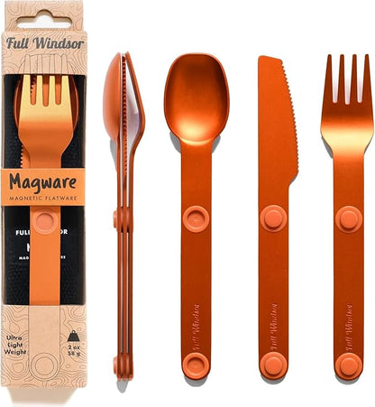 FULL WINDSOR - MAGWARE Magnetic Camping Cutlery Set - Travel Utensils for Camping, Cooking, and Outdoor Dining - Knife, Fork & Spoon - Portable Silverware with Pouch for Backpacking - Orange (3 PCS)