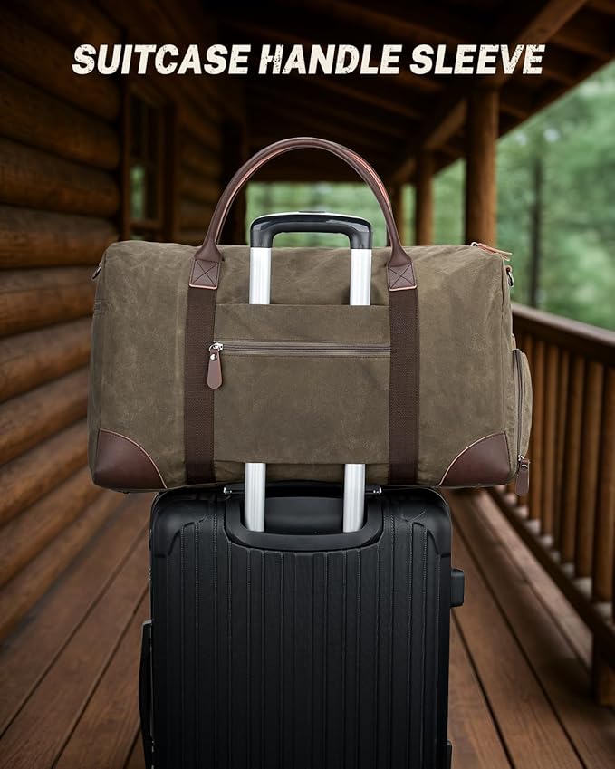 Gonex Waxed Canvas Duffle Bag for Travel, Water-resistant Vintage 55L Duffel Weekender with Shoes Compartment & Luggage Tag, Heavy-duty Overnight Bag with Suitcase Handle Sleeve for Men, Army Green