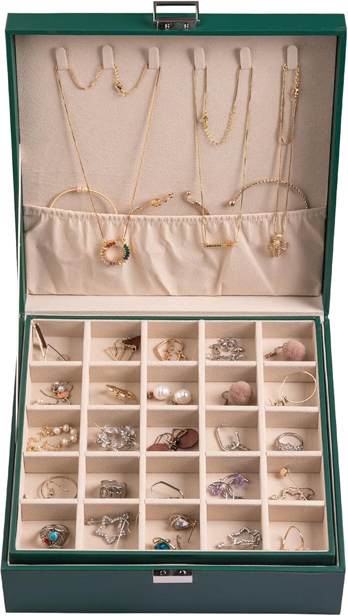 Frebeauty Earring Organizer Classic Jewelry Box 50 Slots Double Layer Jewelry Storage Case with 6 Necklace Hook and Bracelet Pocket(Blackish Green)