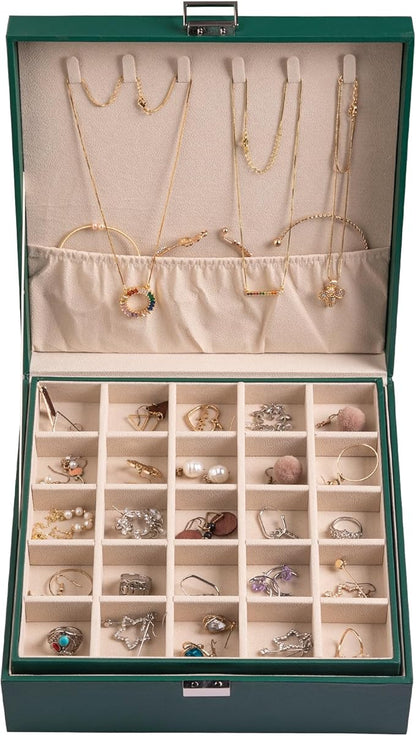 Frebeauty Earring Organizer Classic Jewelry Box 50 Slots Double Layer Jewelry Storage Case with 6 Necklace Hook and Bracelet Pocket(Blackish Green)