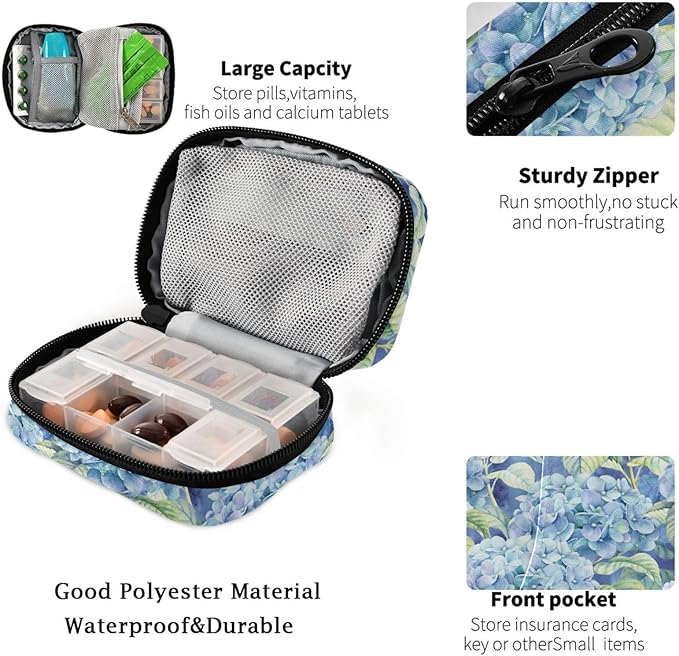 Fustylead Vibrant Watercolor Blue Hydrangea and Leaves Pill Organizer Travel Bag, Small Portable Pill Case Cute for Vitamin Fish Oil Supplements Medicine Organizer with Zipper