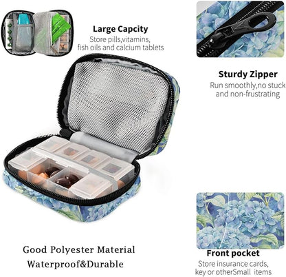 Fustylead Vibrant Watercolor Blue Hydrangea and Leaves Pill Organizer Travel Bag, Small Portable Pill Case Cute for Vitamin Fish Oil Supplements Medicine Organizer with Zipper