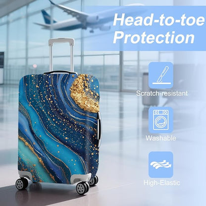 FOREVER QUEEN Luxury Golden blue Marble Luggage Cover Suitcase Protector Suitcase Cover Anti-Scratch,Stretchable Bag Cover Washable Durable Polyester