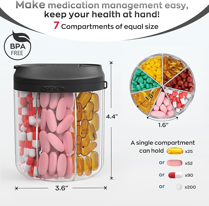 Pill Dispenser with 7 Large Compartments, 4.4" H x 3.6" Dia Pill Organizer for Travel, Supplement Organizer with Anti-Mixing Design, BPA-Free Pill Container with 20 Pcs Labels, Black+ Beige