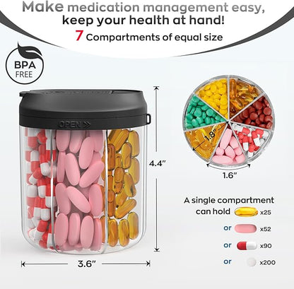 Pill Dispenser with 7 Large Compartments, 4.4" H x 3.6" Dia Pill Organizer for Travel, Supplement Organizer with Anti-Mixing Design, BPA-Free Pill Container with 20 Pcs Labels, Black+ Purple