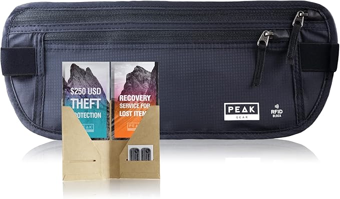 Peak Gear Travel Money Belt. Premium Quality Travel Wallet with RFID Blocking Fabric to Protect Credit Cards, Passports and Documents. Exclusive Theft Protection and 2 Recovery Tags | Black