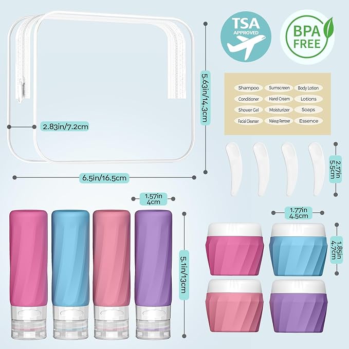 14pack Travel Bottles for Toiletries, TSA Approved Travel Size Toiletries Containers Set, Premium Silicone Leak Proof Refillable Bottles & Creams Jars Accessories Kit W/Clear Bag (Vibrant)