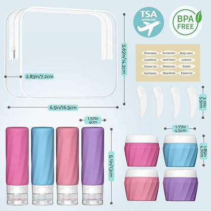 14pack Travel Bottles for Toiletries, TSA Approved Travel Size Toiletries Containers Set, Premium Silicone Leak Proof Refillable Bottles & Creams Jars Accessories Kit W/Clear Bag (Vibrant)