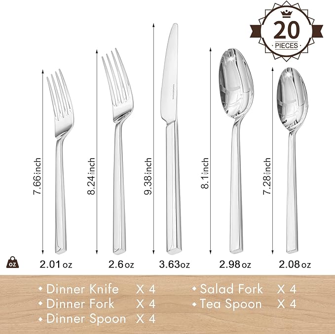 KINGSTONE Silverware Set, 20-Piece Flatware Cutlery Set Premium Stainless Steel, Service for 4, for Kitchen, Home, Wedding, Party, Mirror Polished and Dishwasher Safe