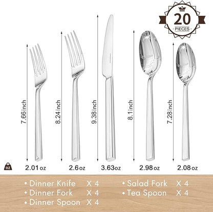 KINGSTONE Silverware Set, 20-Piece Flatware Cutlery Set Premium Stainless Steel, Service for 4, for Kitchen, Home, Wedding, Party, Mirror Polished and Dishwasher Safe