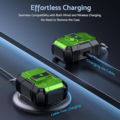 DASFOND Armor Earphone Cover Case for Airpods Pro, Military Grade Full Body Shockproof Protection Hard Case, Support Wireless Charging with Keychain, Magnetic Lid, Front LED Visible, Grass Green