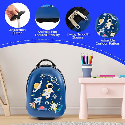 HONEY JOY Kids Luggage, 16” Children Rolling Suitcase w/Wheels & Telescopic Handle, Hard Shell Lightweight Travel Luggage for Toddlers, Carry On Luggage with Wheels for Boys Girls(Blue Astronaut)