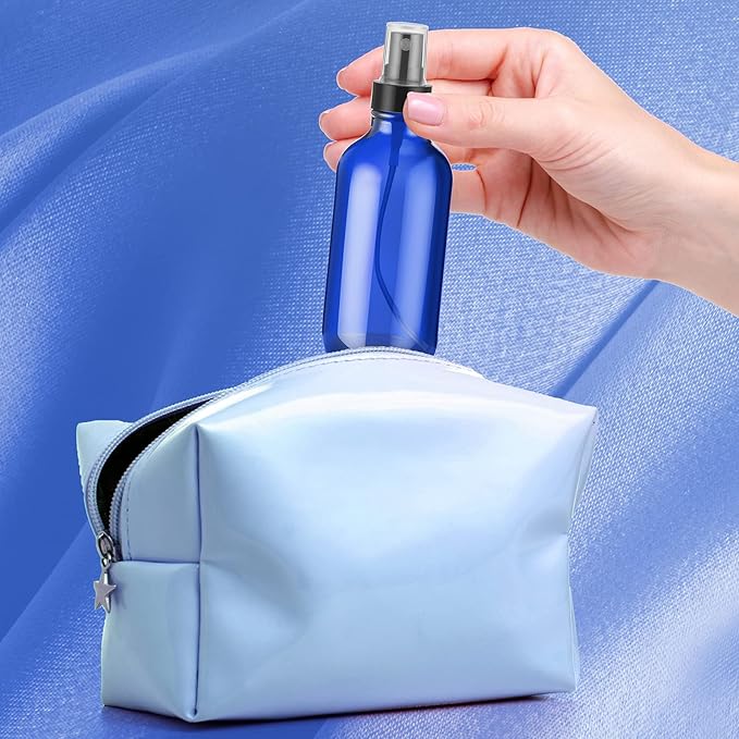 Fumete 36 Pcs Glass Spray Bottles 4oz Fine Mist Glass Spray Bottle Refillable Liquid Containers with 6 Labels 6 Funnel for Hair Travel Plants Cleaning Solutions Skin Care(Blue,Simple)