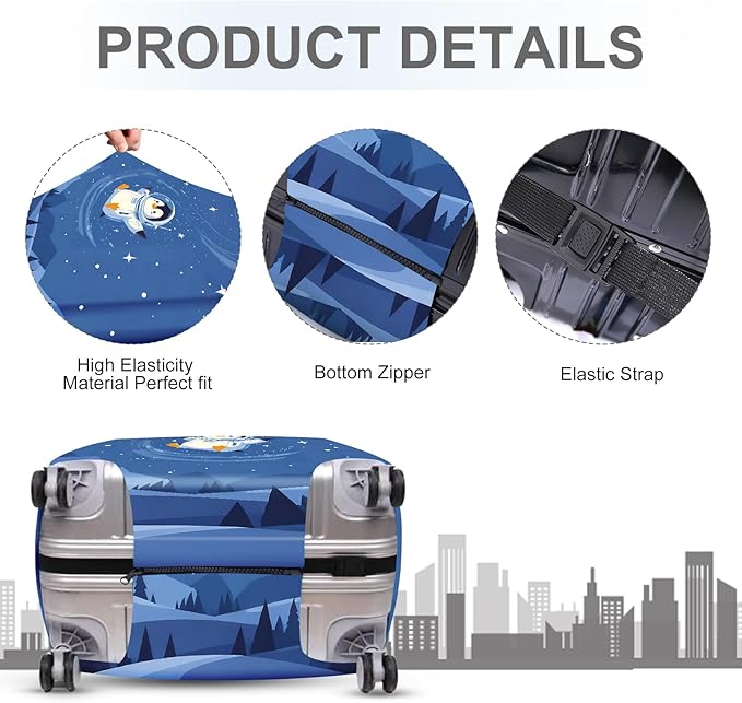 ANNA QUEEN Astronaut Penguin Luggage Cover, Cute Space Penguin Design Suitcase Protector, Washable Stretchable Travel Sleeve for 20-22 Inch Luggage