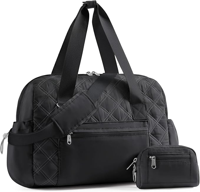 Kookoomia Puffer Gym Bag for Women, Quilted Weekender Bag for Travel, Lightweight Carry on Duffle for Sports Workout Dance Ballet Yoga Gymnastics Hospital with Wet Pocket, Black