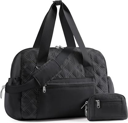 Kookoomia Puffer Gym Bag for Women, Quilted Weekender Bag for Travel, Lightweight Carry on Duffle for Sports Workout Dance Ballet Yoga Gymnastics Hospital with Wet Pocket, Black