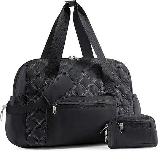 Kookoomia Puffer Gym Bag for Women, Quilted Weekender Bag for Travel, Lightweight Carry on Duffle for Sports Workout Dance Ballet Yoga Gymnastics Hospital with Wet Pocket, Black