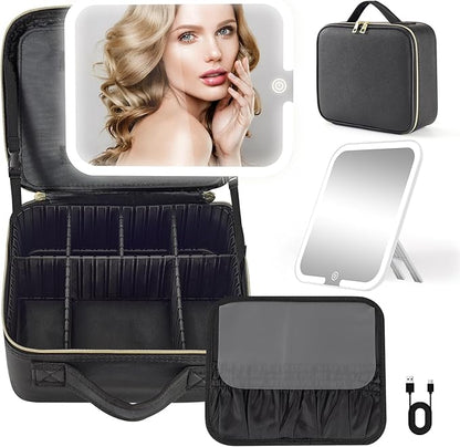 Makeup Bag with Removable Lighted Mirror, Travel Make up Bag with Lights Portable Makeup Case Organizer with Mirror 360° Adjustable Angle, Partitionable Cosmetic Bag Accessories Makeup Train Case Gift