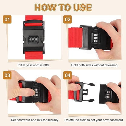 MECCANIXITY Luggage Straps with Combination Lock Adjustable Suitcase Belt Strap for Suitcase Briefcase Backpack Travel, Red, Pack of 4