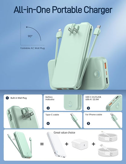 22.5W Super Fast Charging Portable Charger with Wall Plug,12000mAh USB-C Power Bank Built-in 2 Cable, Lightweight Phone Charger Travel Battery Pack for All iPhone, Samsung, Tablets