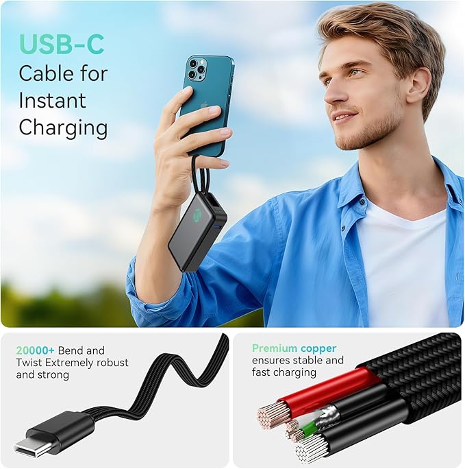 Portable Charger Power Bank, 10,000mAh PD 30W Fast Charging External Battery Pack with Built-in USB-C Cable, Travel Phone Charger with USB-C&A Output for iPhone 17 16 15, Ipad, Samsung, Google Etc