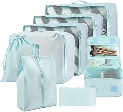 8 Set Compression Packing Cubes for Travel Essentials,Suitcase Organizer Bags, Carry-On Luggage Accessories with Laundry & Toiletry Bag, Road Trip & Camp Gifts for Men and women(blue)