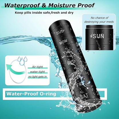 Aluminium Travel Pill Organizer,Weekly Metal Pill Case,Pill Holder, Moisture Proof Waterproof Daily Pill Box 7 Day, Large Pill Container to Hold Vitamins,Medication,Supplements 【Black Knurling】