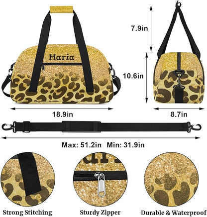 Personalized Kids Sports Duffel Bag with Name Custom Weekender Overnight Bag for Boys Girls Gym Bag Travel Dance Gymnastics Duffel Bag, Golden Glitter Leopard Print