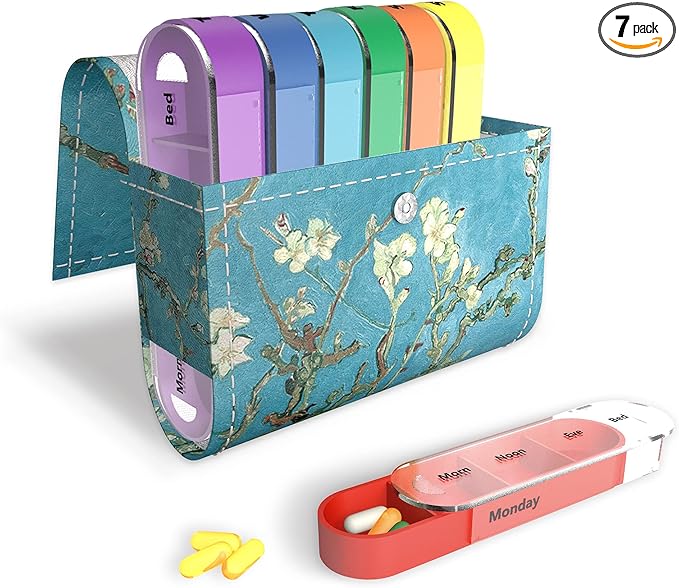 Pill Organizer,LIZIMANDU Weekly Travel Pill Case Box Medication Reminder Daily AM PM, Day Night 7 Compartments,for 4 Times A Day, 7 Days a Week-Includes Leather PU Carrying Case(Peach Blossom)