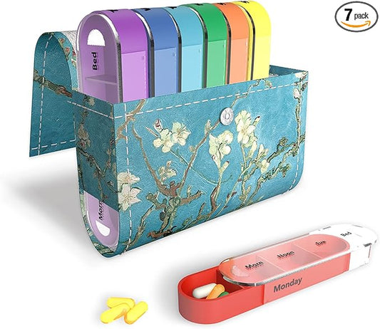 Pill Organizer,LIZIMANDU Weekly Travel Pill Case Box Medication Reminder Daily AM PM, Day Night 7 Compartments,for 4 Times A Day, 7 Days a Week-Includes Leather PU Carrying Case(Peach Blossom)