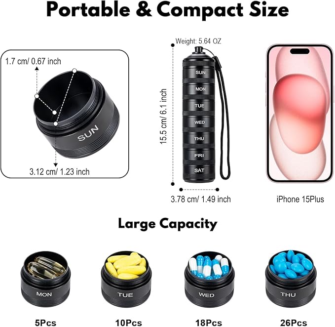 Weekly Metal Travel Pill Organizer - 7 Day Pill Box, Waterproof Pill Case, Aluminum Alloy Pill Container, Portable Pill Holder for Medicine, Supplement, Fish Oil