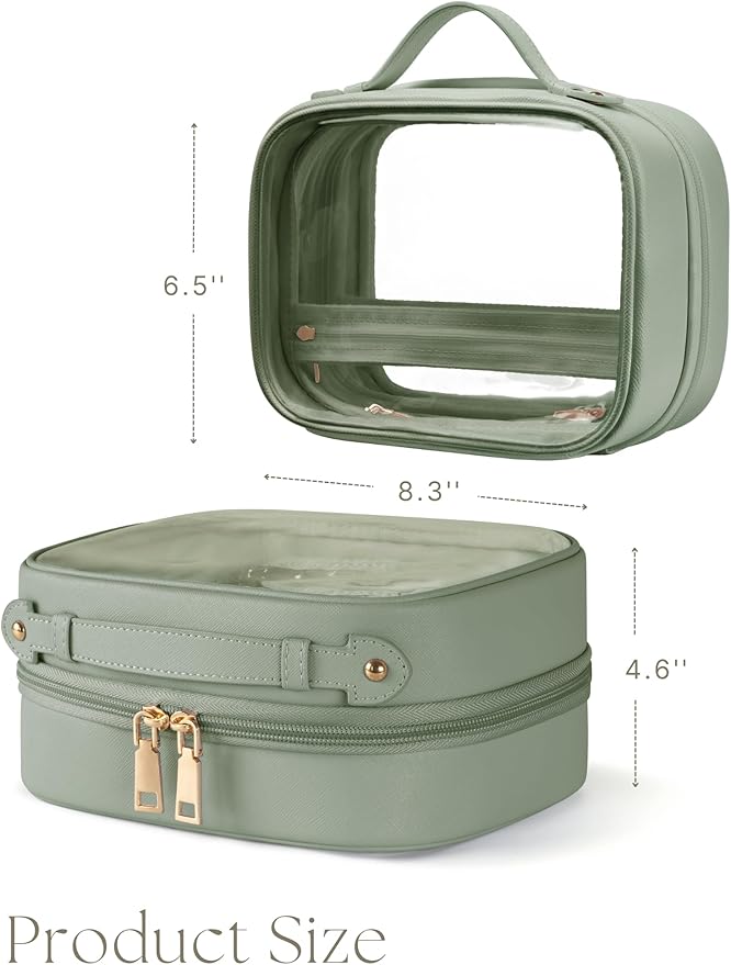 Clear Cosmetic Bag Double Layer Travel Toiletry Bag Clear Makeup Bag Case with 4 Compartments, Transparent Travel Bag for Toiletries, Large Toiletry Bag for Women Cosmetic Case (Sage Green, Small)