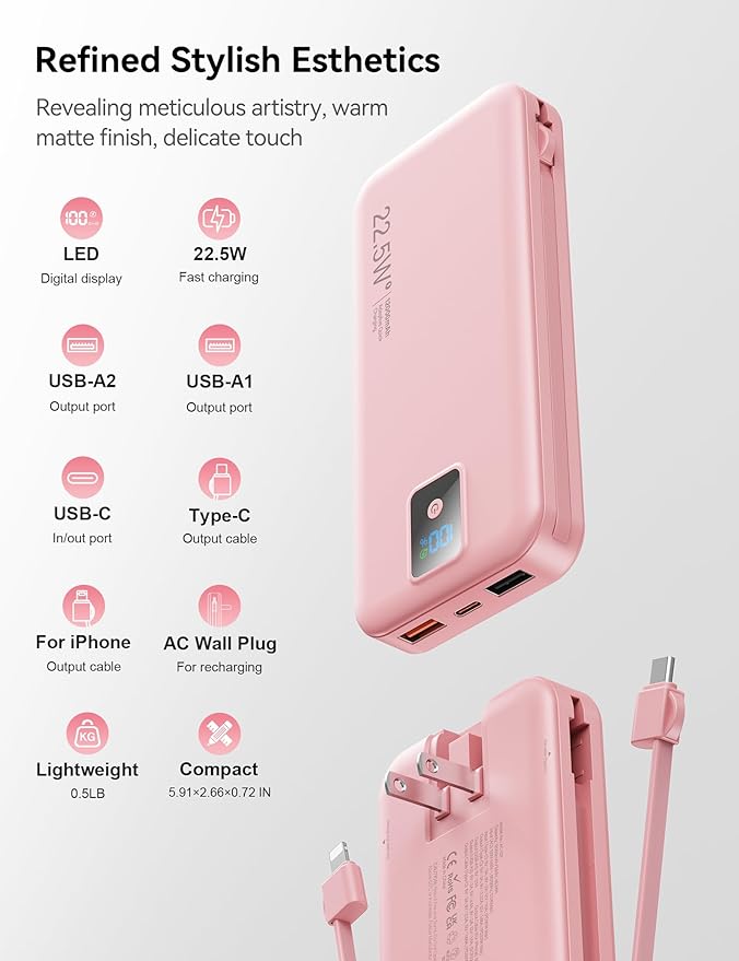 Portable Charger, 12000mAh 22.5W Fast Charging Power Bank with Built-in Cables & Wall Plug, Travel Essentials Battery Pack with LED Display, USB C External Battery Bank for iPhone iPad, Samsung Pink
