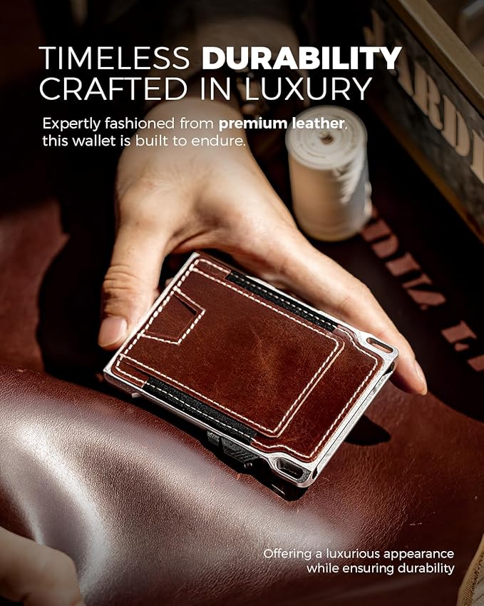 LORZOR Slim Tactical Wallet for Men- Minimalist Full Grain Leather Wallet for 12 Cards, RFID Blocking Aluminum Cardholder, Smart Pop Up Card Case, Front Pocket, Money Clip, Gift for Men(VintageBrown)