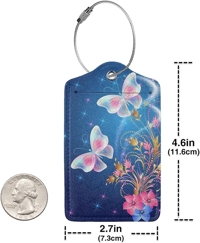 2 Pcs Beautiful Blue Luggage Tags with Two Butterflies for Women Girls Travel, Flower PU Leather Bag Tags for Suitcases with Stainless Steel Loop & Privacy Name ID Card, Labels Identifiers