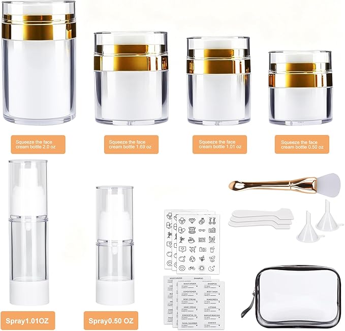 20 Pack Airless Pump Jars Set, 3.34/1.7/1/0.5/oz Refillable Travel Size Containers, Gold Travel Bottles Empty Lotion Container, Glass Jars for Toiletries Moisturizer Container